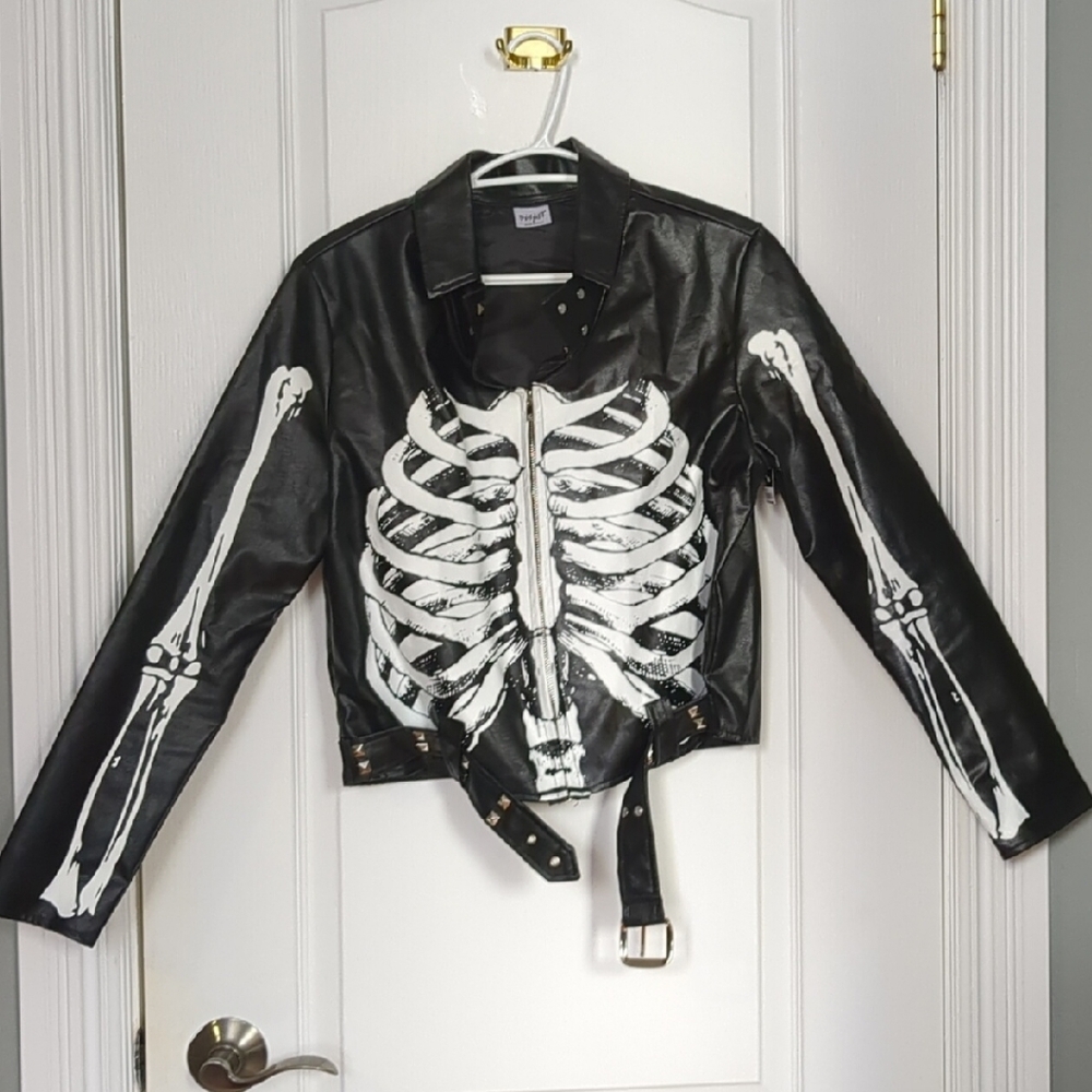 Skeleton Print Black Faux-Leather Jacket